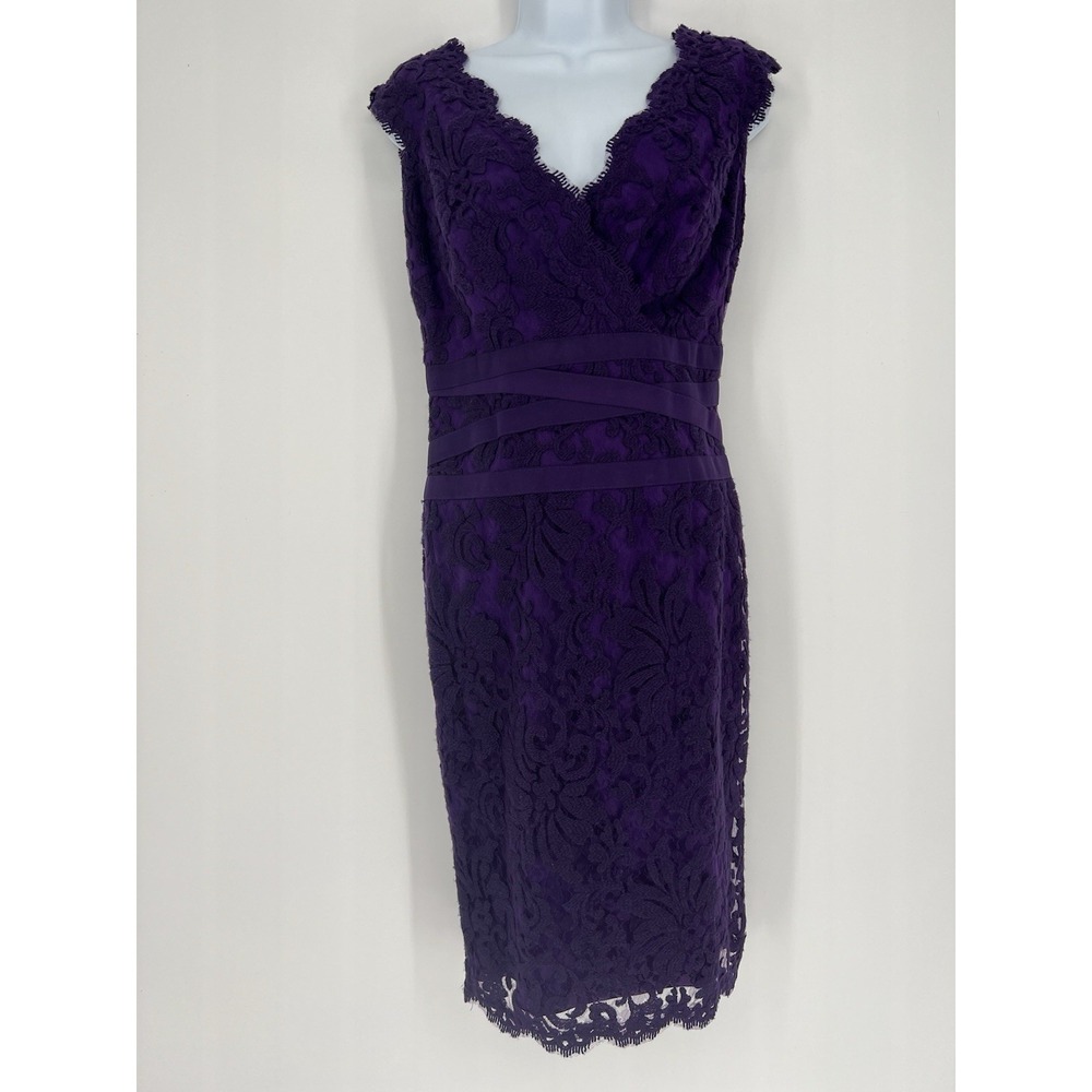 Tadashi Shoji 8 Purple Lace Cocktail Dress V Neck Formal Wedding Guest Scallop
